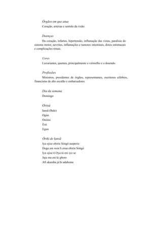 Órgãos em que atua
Coração, artérias e sentido da visão.
Doenças
Do coração, infartos, hipertensão, inflamação das vistas, paralisia do
sistema motor, nevrites, inflamações e tumores intestinais, dores estomacais
e complicações renais.
Cores
Luxuriantes, quentes, principalmente o vermelho e o dourado.
Profissões
Ministros, presidentes de órgãos, representantes, escritores célebres,
financistas de alto escalão e embaixadores.
Dia da semana
Domingo
Orisà
Iansã (Bale)
Ogún
Osòòsi
Èsú
Egun
Òriki de Iansã
Iya ojise obirin Sòngò aseperio
Doga um won li orun obirin Sòngò
Iya ojise ti Oya ni eni iyo se
Jaju ma eni ki gboro
Afi akaraba já bi adahome
 