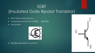 IGBT
(Insulated Gate Bipolar Transistor)


What does word stand for…..



Combination of BJT and MOSFET



Lab Symbol



Detailed description of symbol

{[(HOW)}

 