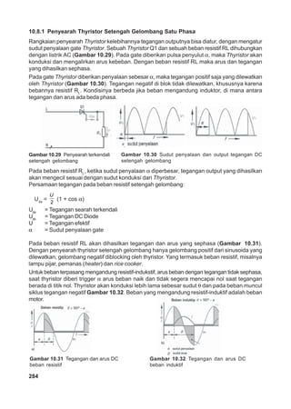10.8.1 Penyearah Thyristor Setengah Gelombang Satu Phasa 
Rangkaian penyearah Thyristor kelebihannya tegangan outputnya bisa diatur, dengan mengatur 
sudut penyalaan gate Thyristor. Sebuah Thyristor Q1 dan sebuah beban resistif RL dihubungkan 
dengan listrik AC (Gambar 10.29). Pada gate diberikan pulsa penyulut α, maka Thyristor akan 
konduksi dan mengalirkan arus kebeban. Dengan beban resistif RL maka arus dan tegangan 
yang dihasilkan sephasa. 
Pada gate Thyristor diberikan penyalaan sebesar α, maka tegangan positif saja yang dilewatkan 
oleh Thyristor (Gambar 10.30). Tegangan negatif di blok tidak dilewatkan, khususnya karena 
bebannya resistif RL. Kondisinya berbeda jika beban mengandung induktor, di mana antara 
tegangan dan arus ada beda phasa. 
Gambar 10.29 Penyearah terkendali 
setengah gelombang 
284 
Gambar 10.30 Sudut penyalaan dan output tegangan DC 
setengah gelombang 
Pada beban resistif R, ketika sudut penyalaan α diperbesar, tegangan output yang dihasilkan 
Lakan mengecil sesuai dengan sudut konduksi dari Thyristor. 
Persamaan tegangan pada beban resistif setengah gelombang: 
U 
U= 2 
(1 + cos α) 
da Uda = Tegangan searah terkendali 
Udo = Tegangan DC Diode 
U = Tegangan efektif 
α = Sudut penyalaan gate 
Pada beban resistif RL akan dihasilkan tegangan dan arus yang sephasa (Gambar 10.31). 
Dengan penyearah thyristor setengah gelombang hanya gelombang positif dari sinusoida yang 
dilewatkan, gelombang negatif diblocking oleh thyristor. Yang termasuk beban resistif, misalnya 
lampu pijar, pemanas (heater) dan rice cooker. 
Untuk beban terpasang mengandung resistif-indukstif, arus beban dengan tegangan tidak sephasa, 
saat thyristor diberi trigger α arus beban naik dan tidak segera mencapai nol saat tegangan 
berada di titik nol. Thyristor akan konduksi lebih lama sebesar sudut θ dan pada beban muncul 
siklus tegangan negatif Gambar 10.32. Beban yang mengandung resistif-induktif adalah beban 
motor. 
Gambar 10.31 Tegangan dan arus DC 
beban resistif 
Gambar 10.32 Tegangan dan arus DC 
beban induktif 
 