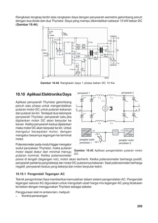 Rangkaian lengkap terdiri atas rangkaian daya dengan penyearah asimetris gelombang penuh 
dengan dua diode dan dua Thyristor. Daya yang mampu dikendalikan sebesar 15 kW beban DC 
(Gambar 10.44). 
Gambar 10.45 Aplikasi pengendalian putaran motor 
DC 
289 
Gambar 10.44 Rangkaian daya 1 phasa beban DC 15 Kw 
10.10 Aplikasi Elektronika Daya 
Aplikasi penyearah Thyristor gelombang 
penuh satu phasa untuk mengendalikan 
putaran motor DC untuk putaran kekanan 
dan putaran ke kiri. Terdapat dua kelompok 
penyearah Thyristor, penyearah satu jika 
dijalankan motor DC akan berputar ke 
kanan. Ketika penyearah kedua dijalankan 
maka motor DC akan berputar ke kiri. Untuk 
mengatur kecepatan motor, dengan 
mengatur besarnya tegangan ke terminal 
motor. 
Potensiometer pada modul trigger mengatur 
sudut penyalaan Thyristor, maka putaran 
motor dapat diatur dari minimal menuju 
putaran nominal. Ketika potensiometer 
posisi di tengah (tegangan nol), motor akan berhenti. Ketika potensiometer berharga positif, 
penyearah pertama yang bekerja dan motor DC putarannya kekanan. Saat potensiometer berharga 
negatif, penyearah kedua yang bekerja dan motor berputar kekiri. 
10.10.1 Pengendali Tegangan AC 
Teknik pengontrolan fasa memberikan kemudahan dalam sistem pengendalian AC. Pengendali 
tegangan saluran AC digunakan untuk mengubah-ubah harga rms tegangan AC yang dicatukan 
ke beban dengan menggunakan Thyristor sebagai sakelar. 
Penggunaan alat ini antara lain, meliputi: 
– Kontrol penerangan 
 