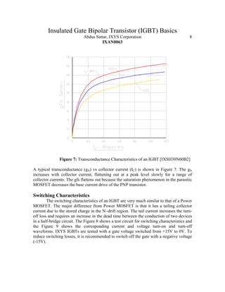 Insulated Gate Bipolar Transistor (IGBT) Basics
Abdus Sattar, IXYS Corporation 8
IXAN0063
Figure 7: Transconductance Characteristics of an IGBT [IXSH30N60B2]
A typical transconductance (gfs) vs collector current (IC) is shown in Figure 7. The gfs
increases with collector current, flattening out at a peak level slowly for a range of
collector currents. The gfs flattens out because the saturation phenomenon in the parasitic
MOSFET decreases the base current drive of the PNP transistor.
Switching Characteristics
The switching characteristics of an IGBT are very much similar to that of a Power
MOSFET. The major difference from Power MOSFET is that it has a tailing collector
current due to the stored charge in the N-
-drift region. The tail current increases the turn-
off loss and requires an increase in the dead time between the conduction of two devices
in a half-bridge circuit. The Figure 8 shows a test circuit for switching characteristics and
the Figure 9 shows the corresponding current and voltage turn-on and turn-off
waveforms. IXYS IGBTs are tested with a gate voltage switched from +15V to 0V. To
reduce switching losses, it is recommended to switch off the gate with a negative voltage
(-15V).
 