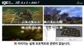 위 이미지는 실제 프로젝트와 관련이 없습니다.
3장. A x 3 = AAA ?
http://blog.jinbo.net/heum/24 http://www.engadget.com/2012/05/29/flameseeker-chronicles-wvw-primer/
http://www.d3andre.com/en/ghom-unique-211.html http://droidz.org/forum_archive/viewtopic.php?f=30&t=48175
PvE 엔드 컨텐츠 RvR 컨텐츠
보스 몬스터 던전 시스템
 
