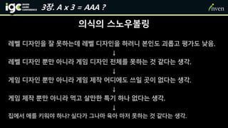 의식의 스노우볼링
레벨 디자인을 잘 못하는데 레벨 디자인을 하려니 본인도 괴롭고 평가도 낮음.
↓
레벨 디자인 뿐만 아니라 게임 디자인 전체를 못하는 것 같다는 생각.
↓
게임 디자인 뿐만 아니라 게임 제작 어디에도 쓰일 곳이 없다는 생각.
↓
게임 제작 뿐만 아니라 먹고 살만한 특기 하나 없다는 생각.
↓
집에서 애를 키워야 하나? 싶다가 그나마 육아 마저 못하는 것 같다는 생각.
3장. A x 3 = AAA ?
 