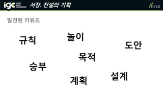 서장. 전설의 기획
발견된 키워드
승부
규칙 놀이
계획
목적
설계
도안
 