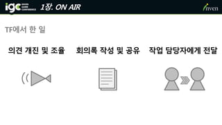 1장. ON AIR
TF에서 한 일
의견 개진 및 조율 회의록 작성 및 공유 작업 담당자에게 전달
 