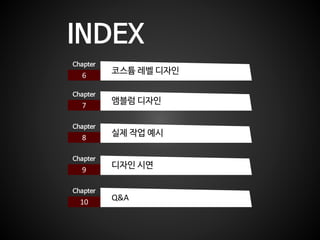 INDEX
6
Chapter
코스튬 레벨 디자인
7
Chapter
앰블럼 디자인
8
Chapter
실제 작업 예시
9
Chapter
디자인 시연
10
Chapter
Q&A
 