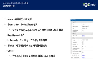 • Name : 레이아웃 이름 설정
• Event sheet : Event Sheet 선택
• 발생할 수 있는 오류로 None 또는 다른 Event Sheet 설정
• Size : Layout 크기
• Unbounded Scrolling : 스크롤링 제한 여부
• Effects : 레이아웃의 색 또는 왜곡형태를 설정
• Editor
• 여백, Grid, 레이아웃 불투명, 폴리곤 표시 등 설정
 