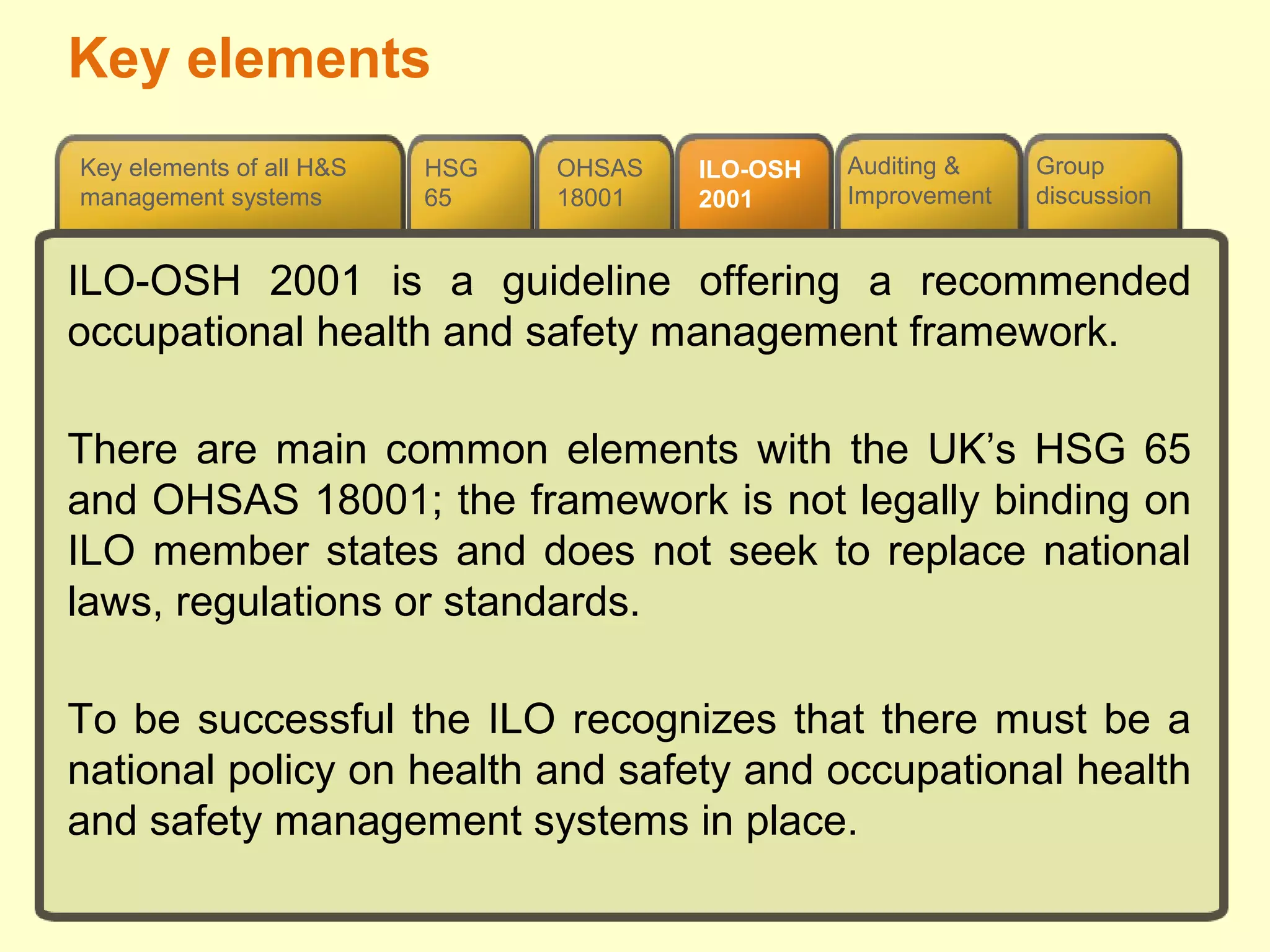 OHSAS
18001
HSG
65
Group
discussion
Auditing &
Improvement
Key elements of all H&S
management systems
ILO-OSH
2001
ILO-OSH 2001 is a guideline offering a recommended
occupational health and safety management framework.
There are main common elements with the UK’s HSG 65
and OHSAS 18001; the framework is not legally binding on
ILO member states and does not seek to replace national
laws, regulations or standards.
To be successful the ILO recognizes that there must be a
national policy on health and safety and occupational health
and safety management systems in place.
Key elements
 