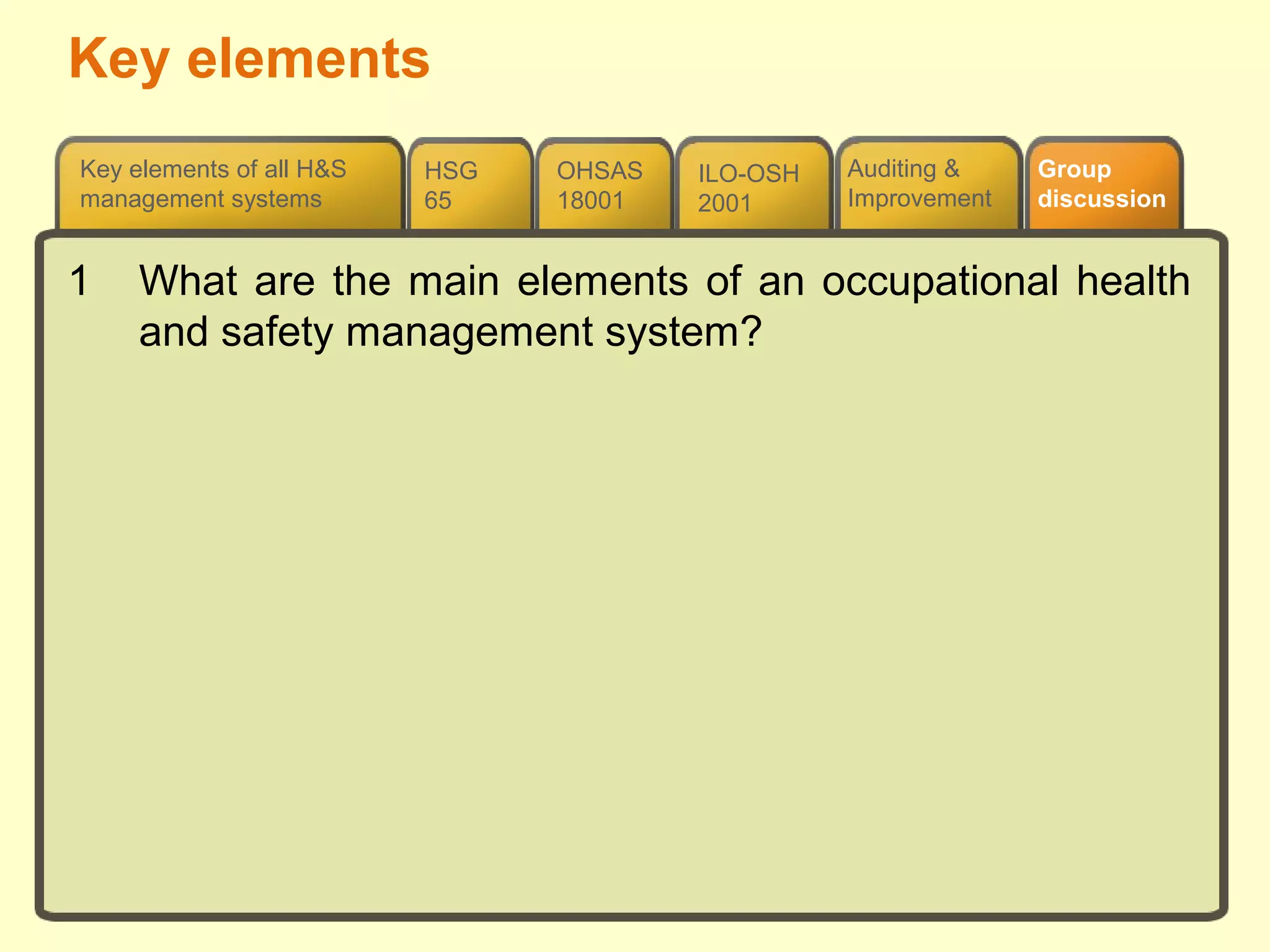 Auditing &
Improvement
ILO-OSH
2001
OHSAS
18001
HSG
65
Key elements of all H&S
management systems
Group
discussion
1 What are the main elements of an occupational health
and safety management system?
Key elements
 