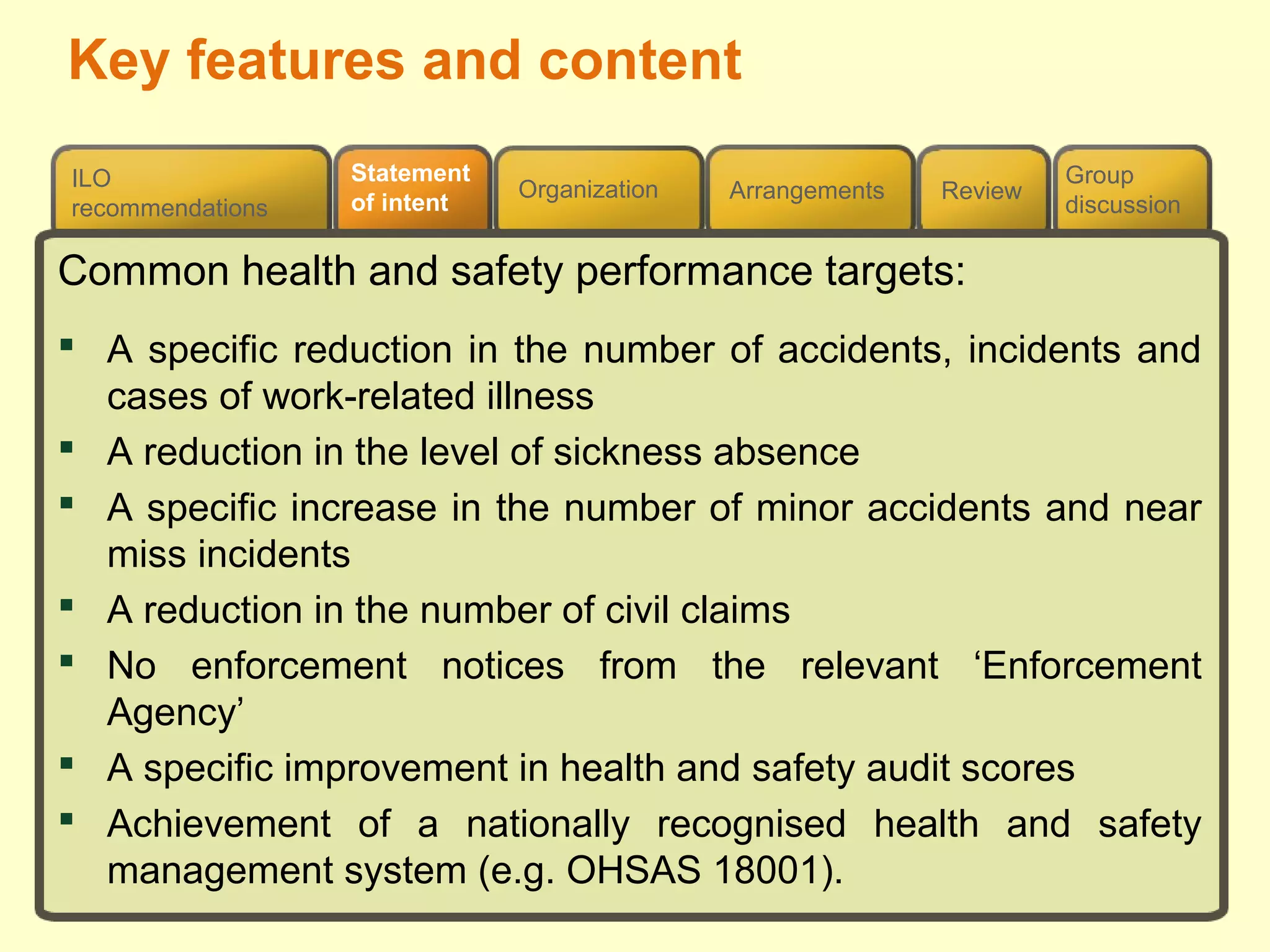 Review
ILO
recommendations
Group
discussion
Organization Arrangements
Statement
of intent
Key features and content
Common health and safety performance targets:
 A specific reduction in the number of accidents, incidents and
cases of work-related illness
 A reduction in the level of sickness absence
 A specific increase in the number of minor accidents and near
miss incidents
 A reduction in the number of civil claims
 No enforcement notices from the relevant ‘Enforcement
Agency’
 A specific improvement in health and safety audit scores
 Achievement of a nationally recognised health and safety
management system (e.g. OHSAS 18001).
 