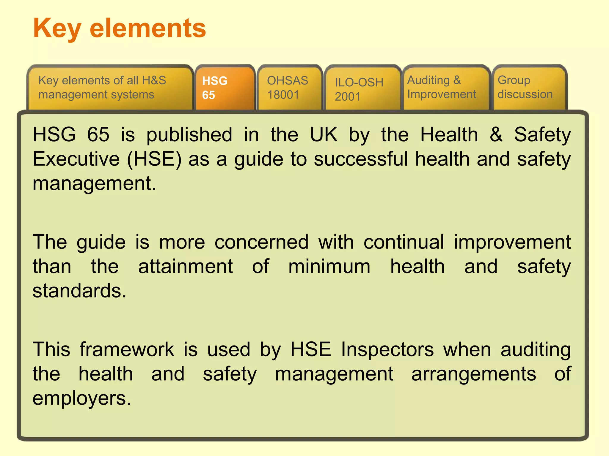 Group
discussion
ILO-OSH
2001
OHSAS
18001
Auditing &
Improvement
Key elements of all H&S
management systems
HSG
65
HSG 65 is published in the UK by the Health & Safety
Executive (HSE) as a guide to successful health and safety
management.
The guide is more concerned with continual improvement
than the attainment of minimum health and safety
standards.
This framework is used by HSE Inspectors when auditing
the health and safety management arrangements of
employers.
Key elements
 