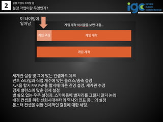 2
이 타이밍에
일어남
세계관 설정 및 그에 맞는 컨셉아트 체크
전투 스타일과 직업 개수에 맞는 클래스/종족 설정
RvR을 할지 FFA PvP를 할지에 따른 진영 설정, 세계관 수정
경제 밸런스에 맞춘 경제 설정
별 쓸모 없는 우주 설정과, 스카이돔에 별자리를 그릴지 말지 논의
배경 컨셉을 위한 신화시대부터의 역사와 연표 등… 의 설정
몬스터 컨셉을 위한 전체적인 갈등에 대한 세팅.
설정 작업이란 무엇인가?
설정 작성시 주의할 점
 