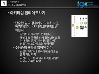 • 아키타입 업데이트하기
• 단순한 밈의 경우에도 그러하지만,
아키타입이나 시나리오패턴도 변
화한다
• 당연히 아키타입도 변화한다
• 옛날에 썼던 글을 다시 읽어보면 소품
이나 밈의 문제가 아니라 글 자체가
낡았다는 느낌이 드는게 이 때문
• 수용층의 욕망을 읽어야 한다
• 소설가가되자나 조아라에 올라오는
글의 패턴 파악
• 자신이 만드는 게임과 비슷한 게임의
시나리오 패턴 파악
시나리오 라이팅 연습4
시나리오 연습하기
 