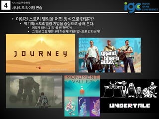 • 이런건 스토리 텔링을 어떤 방식으로 한걸까?
• 역기획(스토리텔링 기법을 중심으로)을 해 본다.
• 어떻게 해서 그 [맛]을 낸 것인가?
• 그 맛은 그렇게만 내야 하는가? 다른 방식으론 안되는가?
시나리오 라이팅 연습4
시나리오 연습하기
 