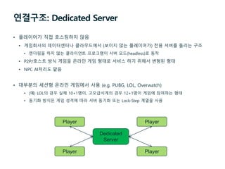 연결구조: Dedicated Server
• 플레이어가 직접 호스팅하지 않음
• 게임회사의 데이터센터나 클라우드에서 (보이지 않는 플레이어가) 전용 서버를 돌리는 구조
• 렌더링을 하지 않는 클라이언트 프로그램이 서버 모드(headless)로 동작
• P2P/호스트 방식 게임을 온라인 게임 형태로 서비스 하기 위해서 변형된 형태
• NPC AI처리도 맡음
• 대부분의 세션형 온라인 게임에서 사용 (e.g. PUBG, LOL, Overwatch)
• (예) LOL의 경우 실제 10+1명이, 고오급시계의 경우 12+1명이 게임에 참여하는 형태
• 동기화 방식은 게임 성격에 따라 서버 동기화 또는 Lock-Step 계열을 사용
Dedicated
Server
Player Player
Player Player
 