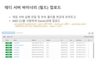 데디 서버 바이너리 (빌드) 업로드
• 게임 서버 실행 파일 및 부속 폴더를 한군데 모아두고
• AWS CLI를 사용하여 GameLift에 업로드
aws gamelift upload-build --name <빌드이름> --build-root <폴더> --operating-system
<WINDOW_2012 또는 AMAZON_LINUX> --region <리전>
 
