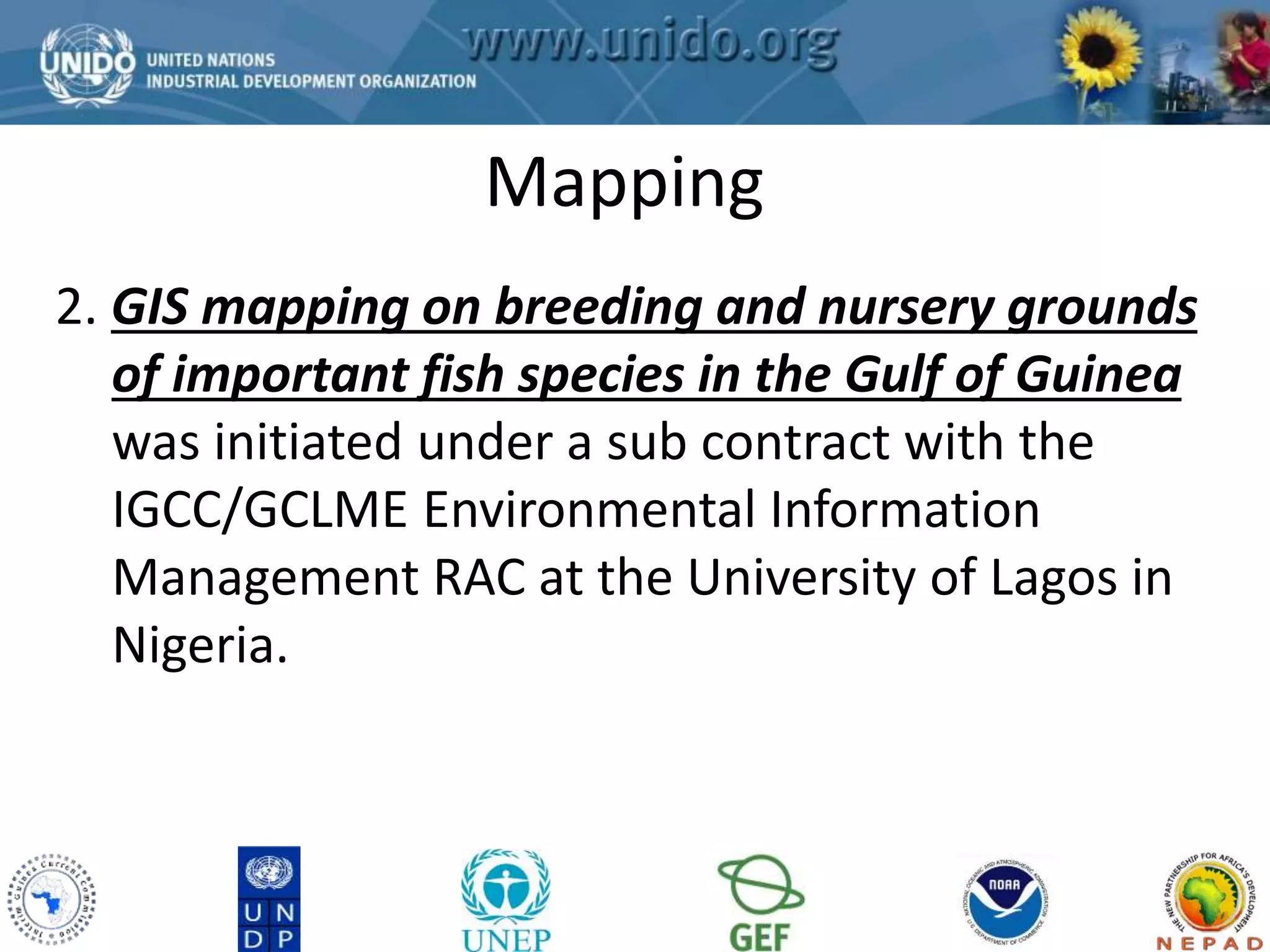 GCLME Project 
Mapping 
2. GIS mapping on breeding and nursery grounds 
of important fish species in the Gulf of Guinea 
was initiated under a sub contract with the 
IGCC/GCLME Environmental Information 
Management RAC at the University of Lagos in 
Nigeria. 
 