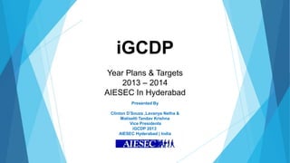 iGCDP
Year Plans & Targets
    2013 – 2014
AIESEC In Hyderabad
          Presented By

 Clinton D’Souza ,Lavanya Netha &
      Malisetti Tandav Krishna
           Vice Presidents
            iGCDP 2013
     AIESEC Hyderabad | India
 