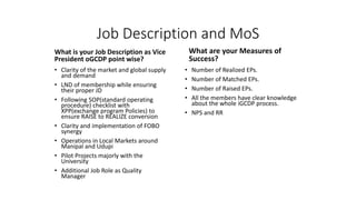 What are your Measures of
Success?
• Number of Realized EPs.
• Number of Matched EPs.
• Number of Raised EPs.
• All the members have clear knowledge
about the whole iGCDP process.
• NPS and RR
What is your Job Description as Vice
President oGCDP point wise?
• Clarity of the market and global supply
and demand
• LND of membership while ensuring
their proper JD
• Following SOP(standard operating
procedure) checklist with
XPP(exchange program Policies) to
ensure RAISE to REALIZE conversion
• Clarity and implementation of FOBO
synergy
• Operations in Local Markets around
Manipal and Udupi
• Pilot Projects majorly with the
University
• Additional Job Role as Quality
Manager
Job Description and MoS
 