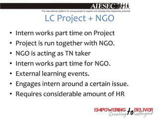 LC Project + NGO
•   Intern works part time on Project
•   Project is run together with NGO.
•   NGO is acting as TN taker
•   Intern works part time for NGO.
•   External learning events.
•   Engages intern around a certain issue.
•   Requires considerable amount of HR
 