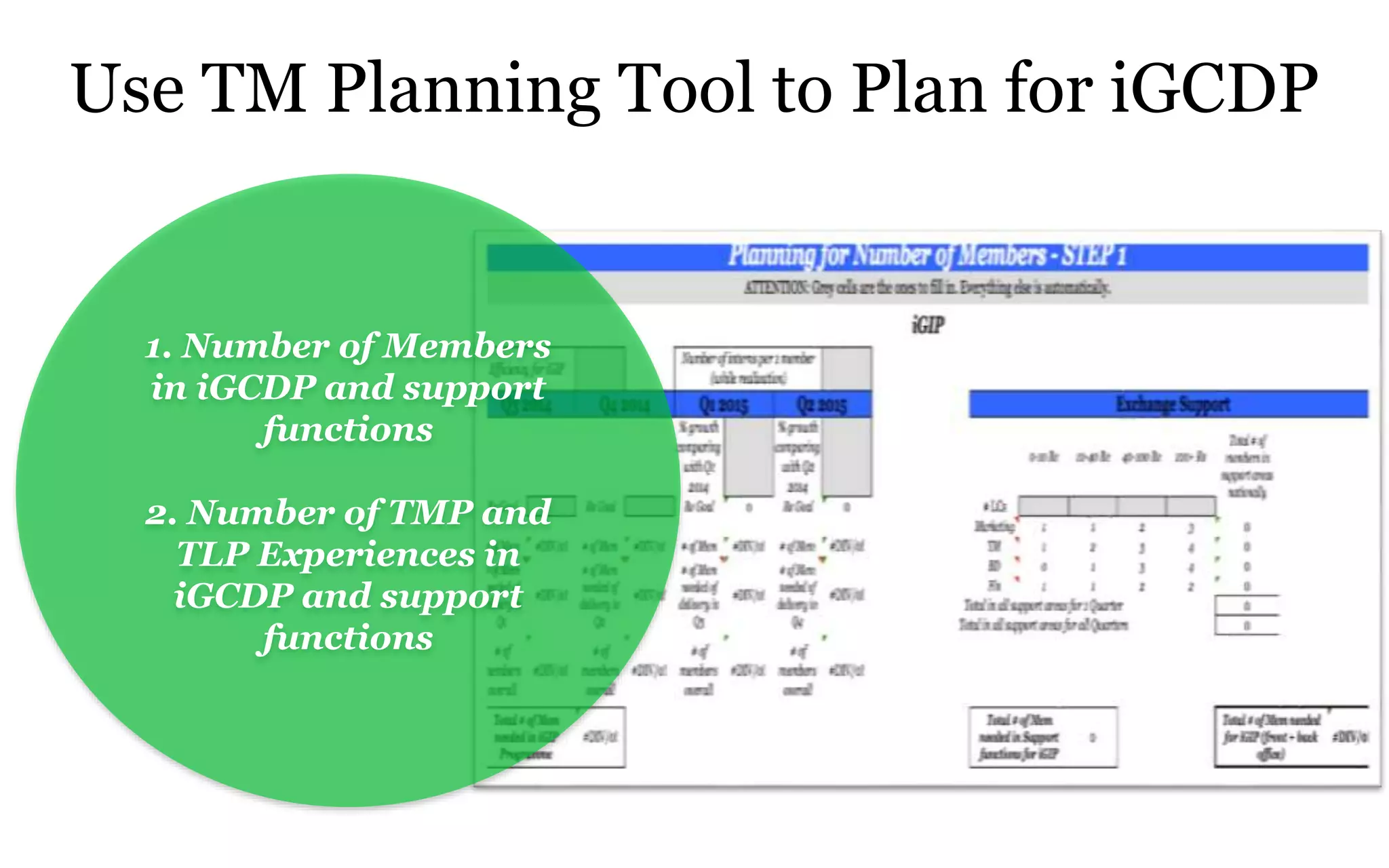 Use TM Planning Tool to Plan for iGCDP
1. Number of Members
in iGCDP and support
functions
2. Number of TMP and
TLP Experiences in
iGCDP and support
functions
 
