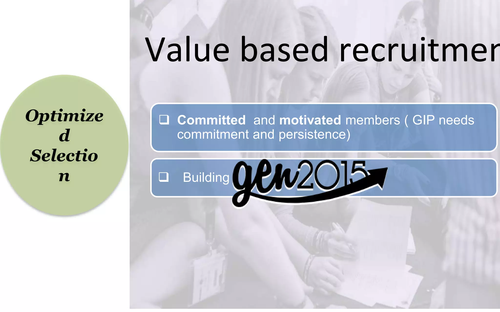 Optimize
d
Selectio
n
Value based recruitmen
 Committed and motivated members ( GIP needs
commitment and persistence)
 Building
 