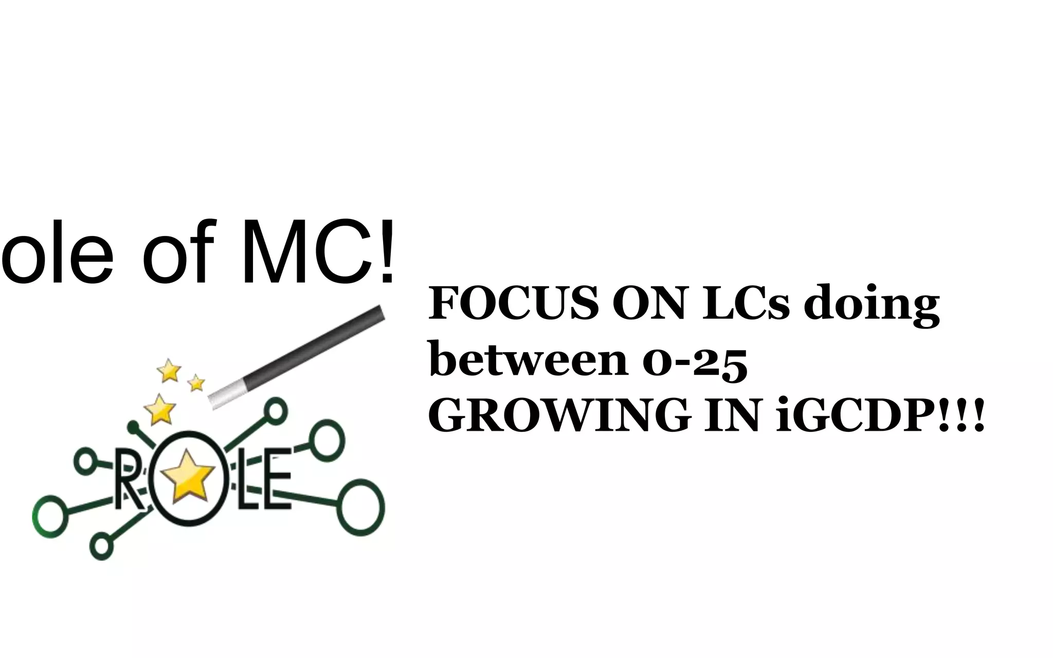 ole of MC! FOCUS ON LCs doing
between 0-25
GROWING IN iGCDP!!!
 