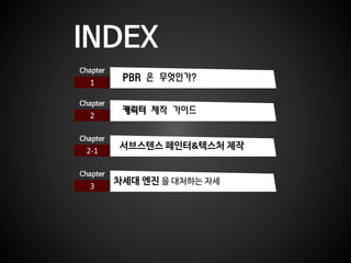INDEX
1
Chapter
PBR 은 무엇인가?
2
Chapter
캐릭터 제작 가이드
2-1
Chapter
서브스텐스 페인터&텍스처 제작
3
Chapter
차세대 엔진 을 대처하는 자세
 