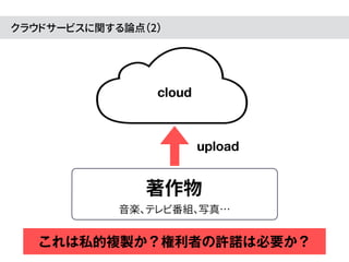 クラウドサービスに関する論点（2）
cloud
これは私的複製か？権利者の許諾は必要か？
cloud
著作物
upload
音楽、テレビ番組、写真…
 