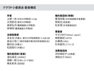 クラウド小委員会 委員構成
学者
土肥一史（日本大学教授）※主査
大渕哲也（東京大学教授）
奥邨弘司（慶應義塾大学教授）
岸博幸（慶應義塾大学教授）
法律実務家
末吉亙（弁護士、東京大学客員教授）※主査代理
長谷川浩二（東京地裁判事[知的財産権担当]）
龍村全（弁護士）
松田政行（弁護士）
権利者団体（音楽）
浅石道夫（JASRAC）
畑陽一郎（日本レコード協会）
椎名和夫（芸団協）
権利者団体（映像）
華頂尚隆（日本映画製作者連盟）
笹尾光（民放連）
松本悟（日本動画協会）
事業者
今子さゆり（Yahoo! Japan）
榊原美紀（JEITA）
丸橋透（nifty）
杉本誠司（ニワンゴ）
消費者団体
河村真紀子（主婦連）
津田大介（MIAU）
 