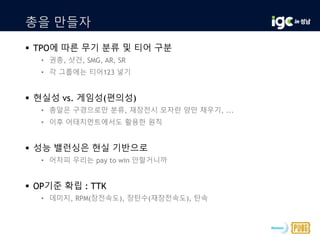 총을 만들자
 TPO에 따른 무기 분류 및 티어 구분
• 권총, 샷건, SMG, AR, SR
• 각 그룹에는 티어123 넣기
 현실성 vs. 게임성(편의성)
• 총알은 구경으로만 분류, 재장전시 모자란 양만 채우기, ...
• 이후 어태치먼트에서도 활용한 원칙
 성능 밸런싱은 현실 기반으로
• 어차피 우리는 pay to win 안할거니까
 OP기준 확립 : TTK
• 데미지, RPM(장전속도), 장탄수(재장전속도), 탄속
 