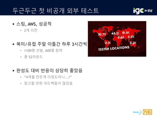 두근두근 첫 비공개 외부 테스트
 스팀, AWS, 성공적
• 2개 리전
 북미/유럽 주말 이틀간 하루 3시간씩
• 1100명 선발, 600명 참여
• 총 52라운드
 완성도 대비 반응이 상당히 좋았음
• “4개월 만든게 이정도라니...!”
• 참고할 만한 피드백들이 많았음
 