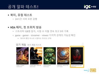 공개 알파 테스트!
 북미, 유럽 테스트
• 24시간 서버 오픈 감행
 NDA 해지, 첫 트위치 방송
• 스트리머 128명 참가, 시청 수 이틀 연속 최고 5위 기록
• game - gamer - streamer - viewer 다각적 관계의 가능성 확인
 게이머 뿐만 아니라 시청자도 우리의 고객!
 