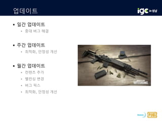 업데이트
 일간 업데이트
• 중대 버그 해결
 주간 업데이트
• 최적화, 안정성 개선
 월간 업데이트
• 컨텐츠 추가
• 밸런싱 변경
• 버그 픽스
• 최적화, 안정성 개선
 