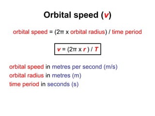 Orbital speed (v)
orbital speed = (2π x orbital radius) / time period
v = (2π x r ) / T
orbital speed in metres per second (m/s)
orbital radius in metres (m)
time period in seconds (s)
 