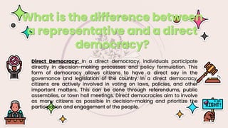 Direct Democracy: In a direct democracy, individuals participate
directly in decision-making processes and policy formulation. This
form of democracy allows citizens to have a direct say in the
governance and legislation of the country. In a direct democracy,
citizens are actively involved in voting on laws, policies, and other
important matters. This can be done through referendums, public
assemblies, or town hall meetings. Direct democracies aim to involve
as many citizens as possible in decision-making and prioritize the
participation and engagement of the people.
What is the difference between
a representative and a direct
democracy?
 