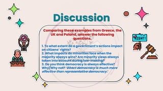 Comparing these examples from Greece, the
UK and Poland, answer the following
questions.
1. To what extent do a government’s actions impact
on citizens’ rights?
2. What impacts do minorities face when the
majority always wins? Are minority views always
taken into account during law-making?
3. Do you think democracy is always effective?
Why/Why not? ‘Direct democracy is much more
effective than representative democracy.’
Discussion
 