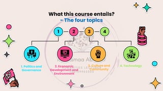 What this course entails?
- The four topics
1. Politics and
Governance
2. Economic
Development and
Environment
3. Culture and
Community
4. Technology
1 2 3 4
 
