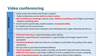 Video conferencing
Advantages
 Easily access documents and bring in experts
 Video conferences can be held in a short notice.
 Not travelling to meetings reduces costs: -Reduce travelling costs (Flights and hotels)
–Reduce travelling time
 Avoid travel to potentially unsafe locations. Increased safety
 It is better for the environment
 Connect with remote team members and individuals who might otherwise be left out.
Disadvantages
 Potential time lag in responses/delays when talking.
 Requires a good internet connection or signal breaks and images require more
bandwidth
 Technical problems with the internet or hardware could affect the quality of the video
conference.
 Set up costs to purchase hardware/software
 Training people to use the system correctly can be both costly and time consuming.
 Different time zones could make it difficult to find a suitable time to have a meeting.
 Lack of personal contact you would have if it was a face-to-face meeting.
 