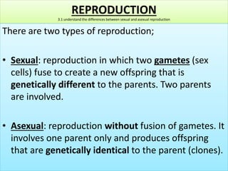 REPRODUCTION 
3.1 understand the differences between sexual and asexual reproduction 
There are two types of reproduction; 
• Sexual: reproduction in which two gametes (sex 
cells) fuse to create a new offspring that is 
genetically different to the parents. Two parents 
are involved. 
• Asexual: reproduction without fusion of gametes. It 
involves one parent only and produces offspring 
that are genetically identical to the parent (clones). 
 