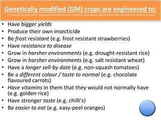 Genetically modified (GM) crops are engineered to: 
5.15 evaluate the potential for using genetically modified plants to improve food production (illustrated by plants with improved resistance to pests) 
• Have bigger yields 
• Produce their own insecticide 
• Be frost resistant (e.g. frost resistant strawberries) 
• Have resistance to disease 
• Grow in harsher environments (e.g. drought-resistant rice) 
• Grow in harsher environments (e.g. salt resistant wheat) 
• Have a longer sell-by date (e.g. non-squash tomatoes) 
• Be a different colour / taste to normal (e.g. chocolate 
flavoured carrots) 
• Have vitamins in them that they would not normally have 
(e.g. golden rice) 
• Have stronger taste (e.g. chilli's) 
• Be easier to eat (e.g. easy-peel oranges) 
 