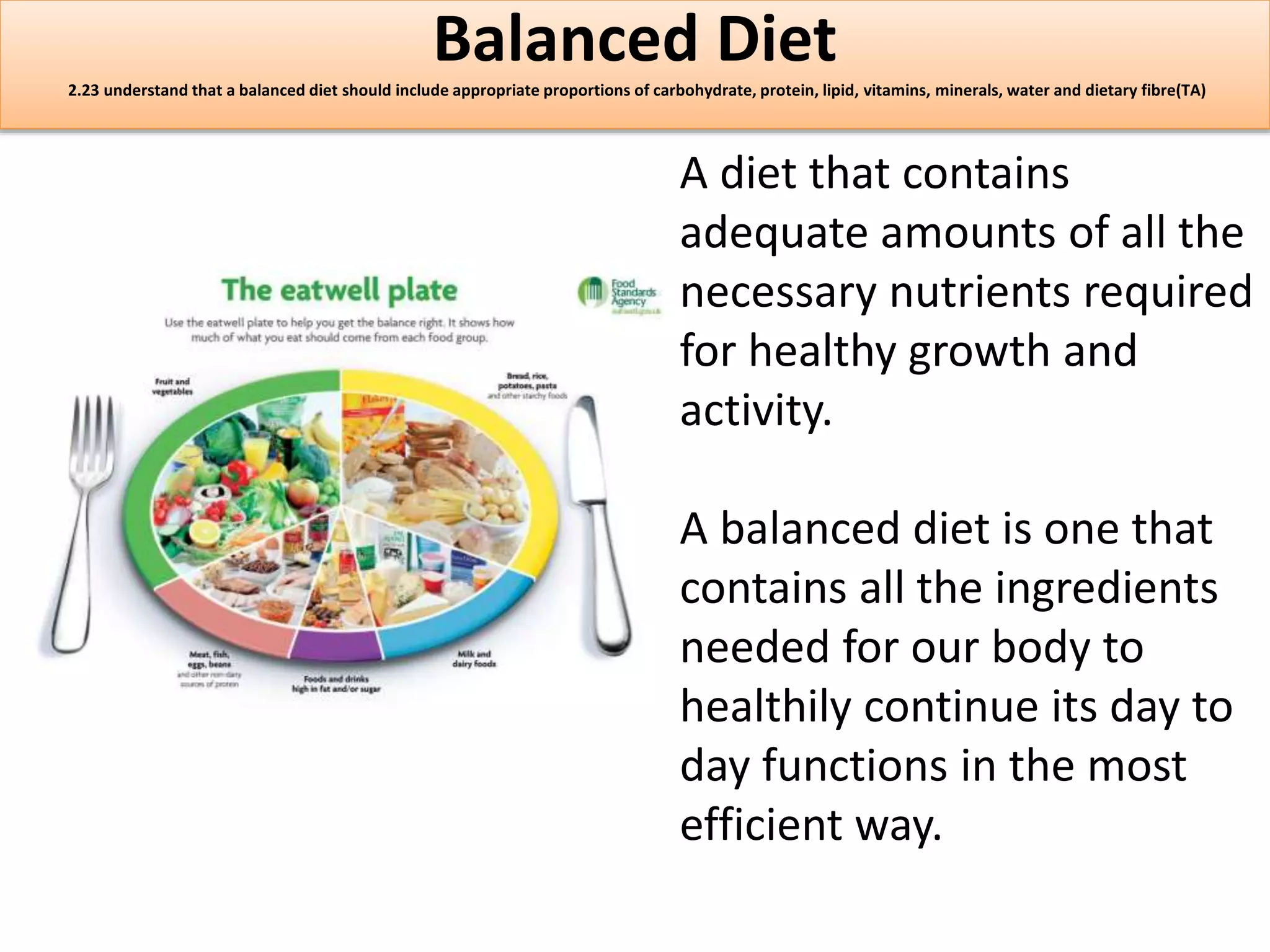 Balanced Diet 
2.23 understand that a balanced diet should include appropriate proportions of carbohydrate, protein, lipid, vitamins, minerals, water and dietary fibre(TA) 
A diet that contains 
adequate amounts of all the 
necessary nutrients required 
for healthy growth and 
activity. 
A balanced diet is one that 
contains all the ingredients 
needed for our body to 
healthily continue its day to 
day functions in the most 
efficient way. 
 