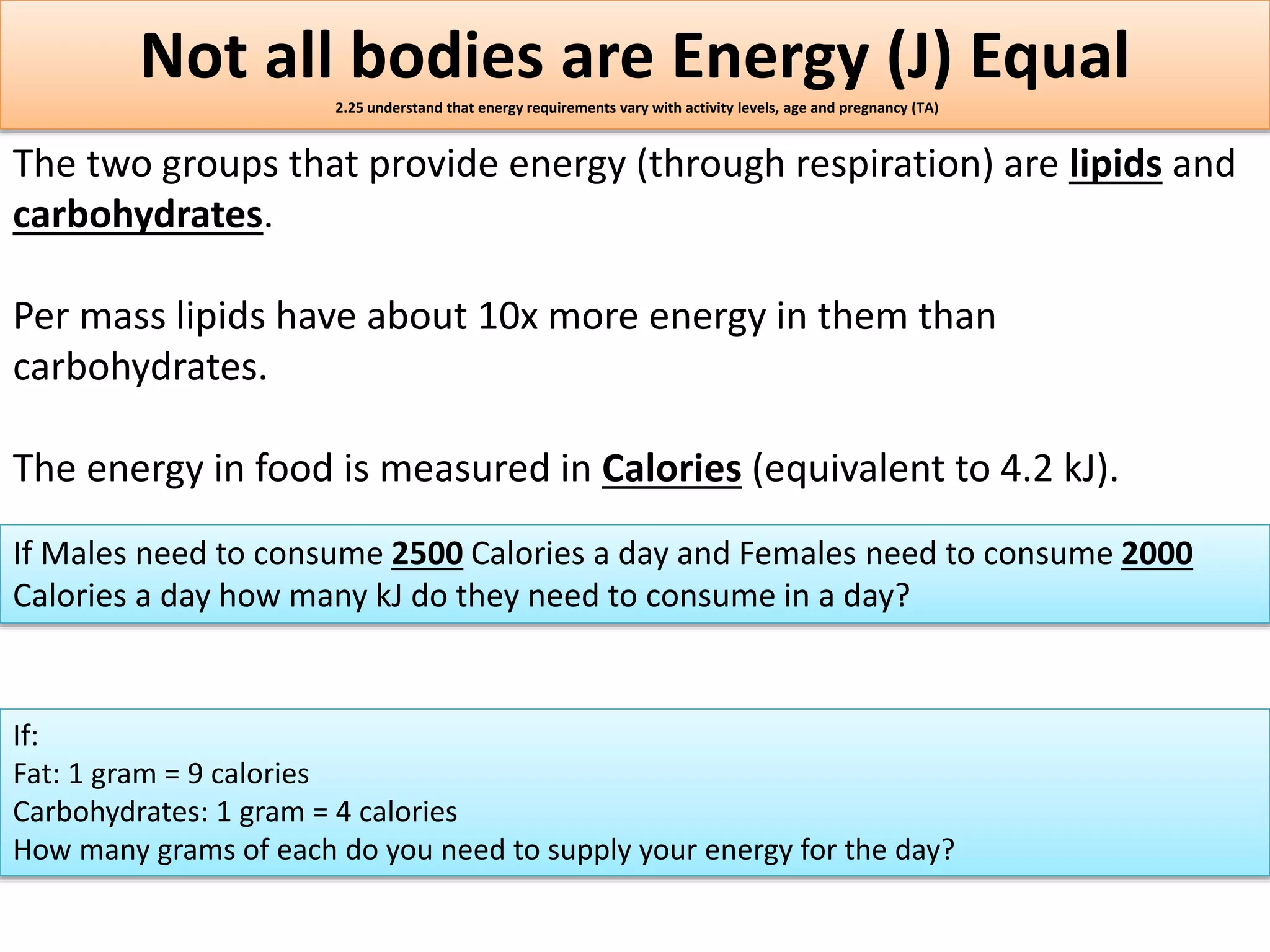 Not all bodies are Energy (J) Equal 
2.25 understand that energy requirements vary with activity levels, age and pregnancy (TA) 
The two groups that provide energy (through respiration) are lipids and 
carbohydrates. 
Per mass lipids have about 10x more energy in them than 
carbohydrates. 
The energy in food is measured in Calories (equivalent to 4.2 kJ). 
If Males need to consume 2500 Calories a day and Females need to consume 2000 
Calories a day how many kJ do they need to consume in a day? 
If: 
Fat: 1 gram = 9 calories 
Carbohydrates: 1 gram = 4 calories 
How many grams of each do you need to supply your energy for the day? 
 
