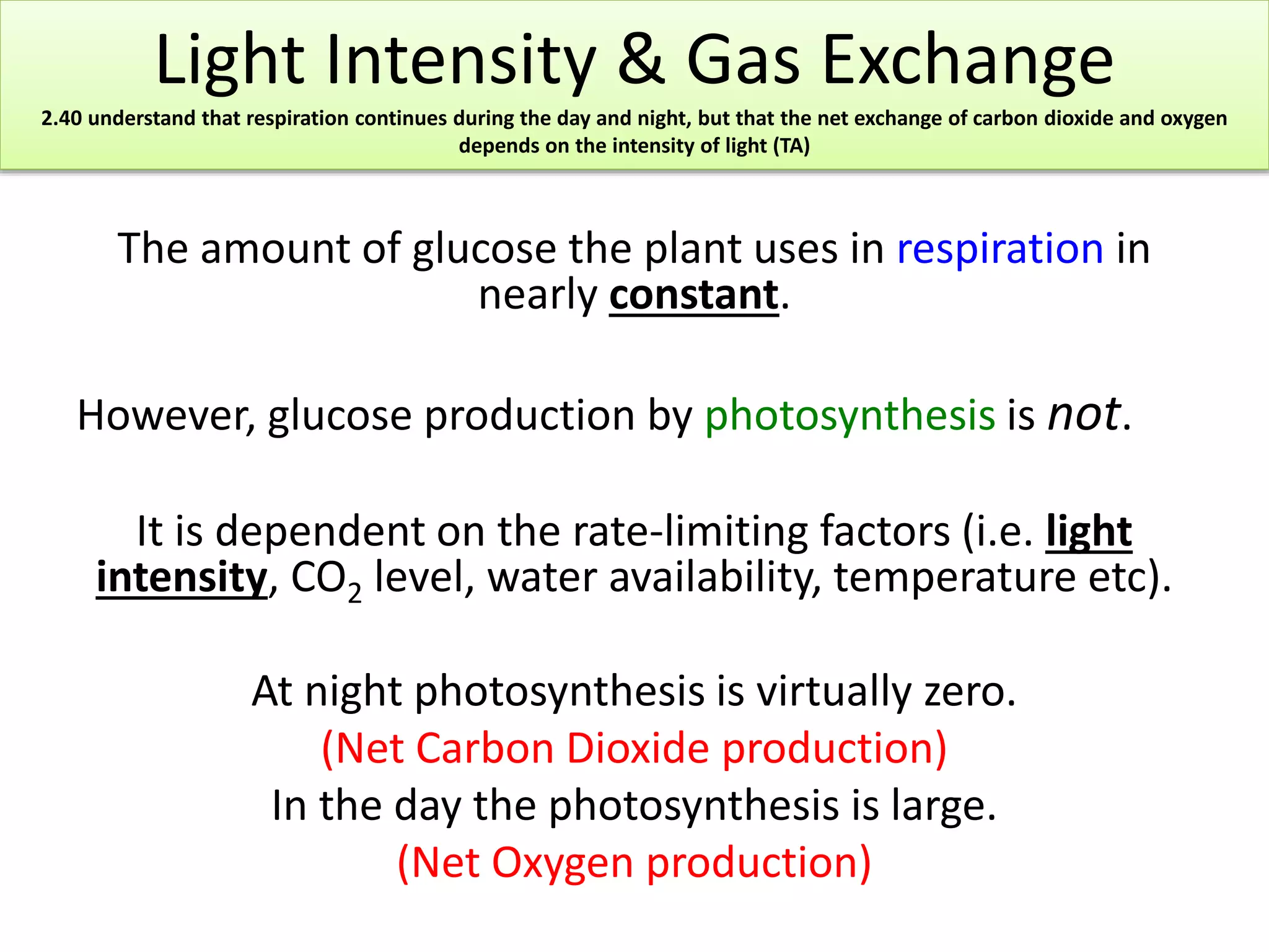 Light Intensity & Gas Exchange 
2.40 understand that respiration continues during the day and night, but that the net exchange of carbon dioxide and oxygen 
depends on the intensity of light (TA) 
The amount of glucose the plant uses in respiration in 
nearly constant. 
However, glucose production by photosynthesis is not. 
It is dependent on the rate-limiting factors (i.e. light 
intensity, CO2 level, water availability, temperature etc). 
At night photosynthesis is virtually zero. 
(Net Carbon Dioxide production) 
In the day the photosynthesis is large. 
(Net Oxygen production) 
 