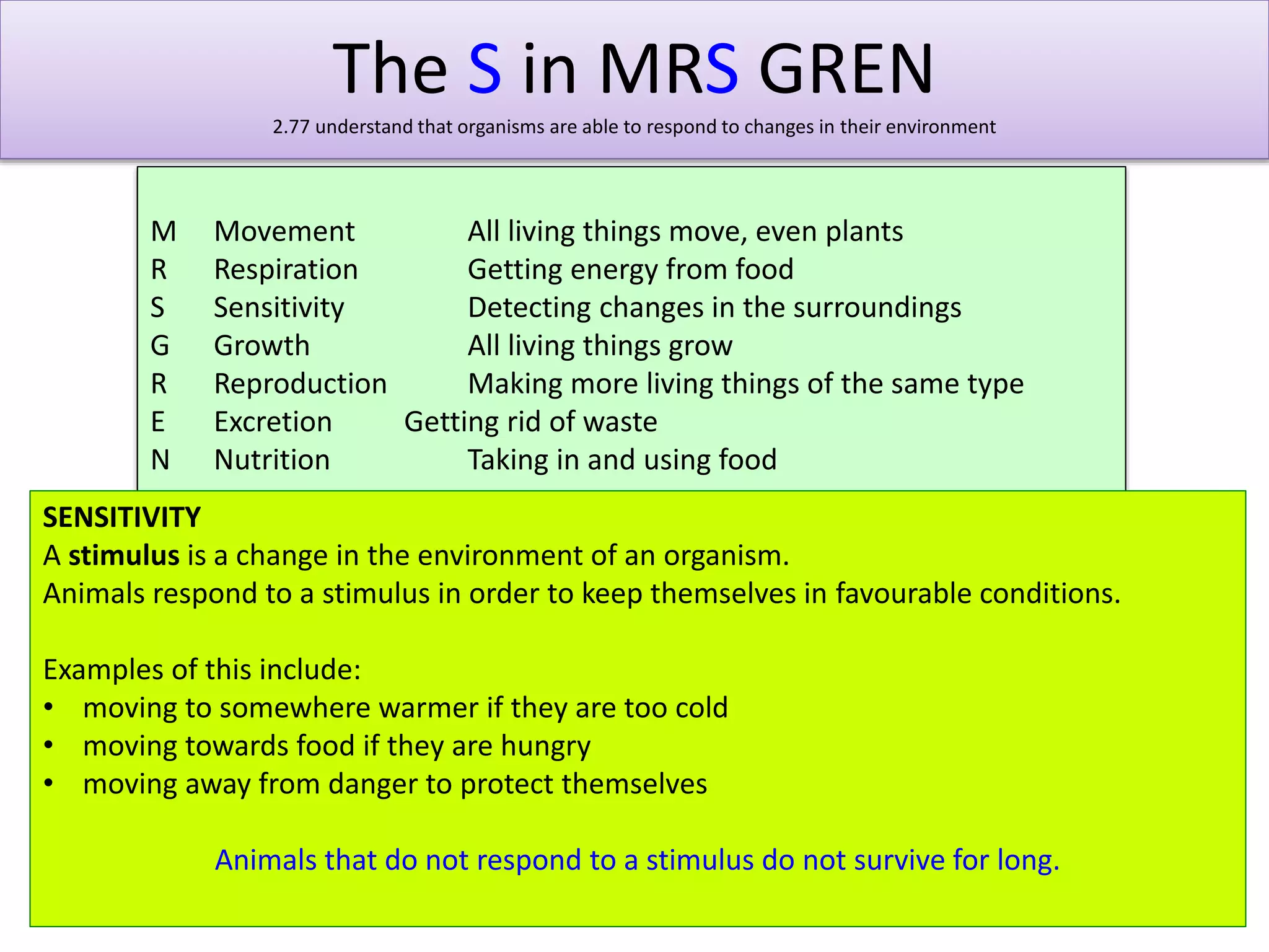 The S in MRS GREN 
2.77 understand that organisms are able to respond to changes in their environment 
M Movement All living things move, even plants 
R Respiration Getting energy from food 
S Sensitivity Detecting changes in the surroundings 
G Growth All living things grow 
R Reproduction Making more living things of the same type 
E Excretion Getting rid of waste 
N Nutrition Taking in and using food 
SENSITIVITY 
A stimulus is a change in the environment of an organism. 
Animals respond to a stimulus in order to keep themselves in favourable conditions. 
Examples of this include: 
• moving to somewhere warmer if they are too cold 
• moving towards food if they are hungry 
• moving away from danger to protect themselves 
Animals that do not respond to a stimulus do not survive for long. 
 
