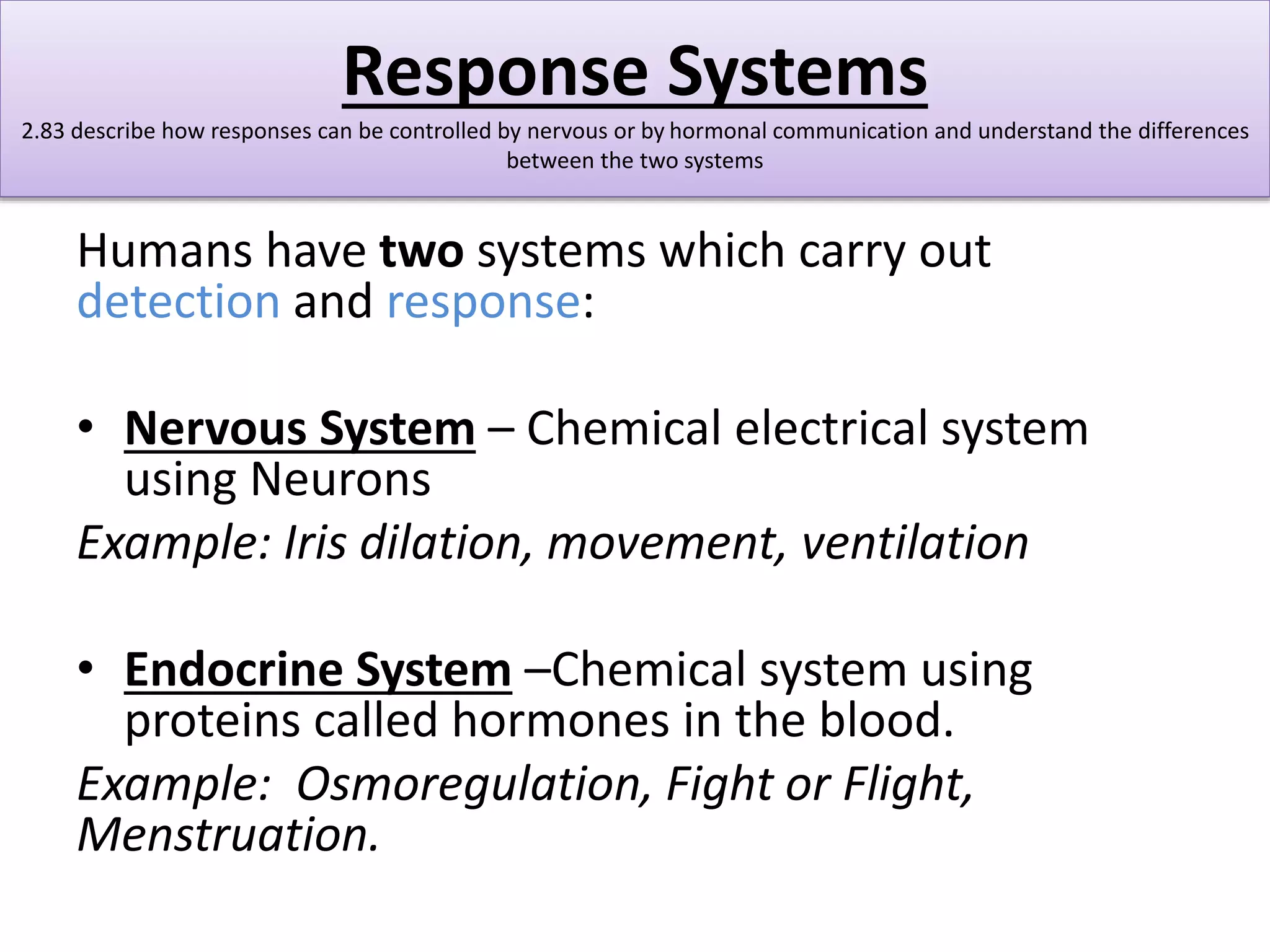 Response Systems 
2.83 describe how responses can be controlled by nervous or by hormonal communication and understand the differences 
between the two systems 
Humans have two systems which carry out 
detection and response: 
• Nervous System – Chemical electrical system 
using Neurons 
Example: Iris dilation, movement, ventilation 
• Endocrine System –Chemical system using 
proteins called hormones in the blood. 
Example: Osmoregulation, Fight or Flight, 
Menstruation. 
 