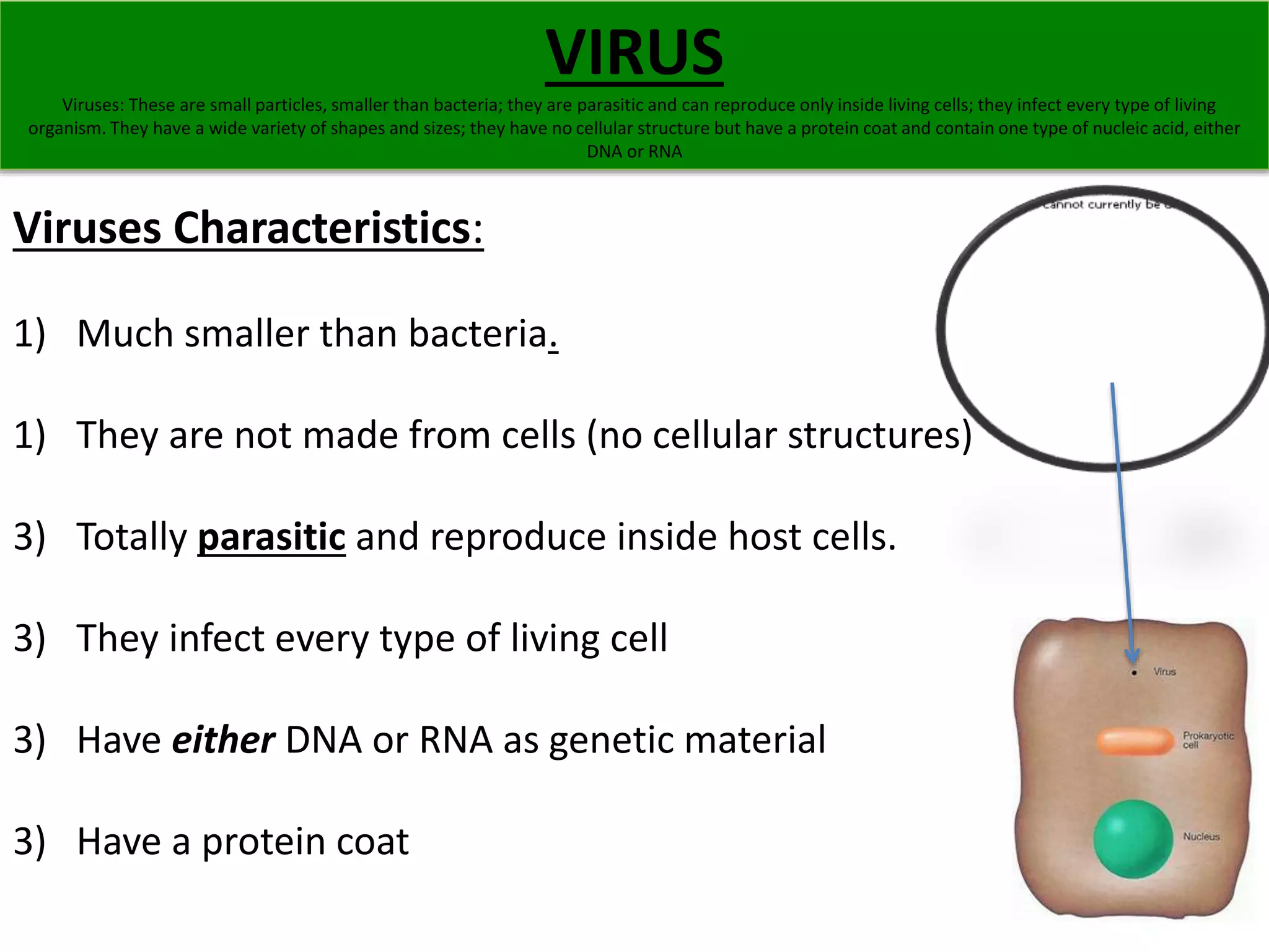 VIRUS 
Viruses: These are small particles, smaller than bacteria; they are parasitic and can reproduce only inside living cells; they infect every type of living 
organism. They have a wide variety of shapes and sizes; they have no cellular structure but have a protein coat and contain one type of nucleic acid, either 
DNA or RNA 
Viruses Characteristics: 
1) Much smaller than bacteria. 
1) They are not made from cells (no cellular structures) 
3) Totally parasitic and reproduce inside host cells. 
3) They infect every type of living cell 
3) Have either DNA or RNA as genetic material 
3) Have a protein coat 
 