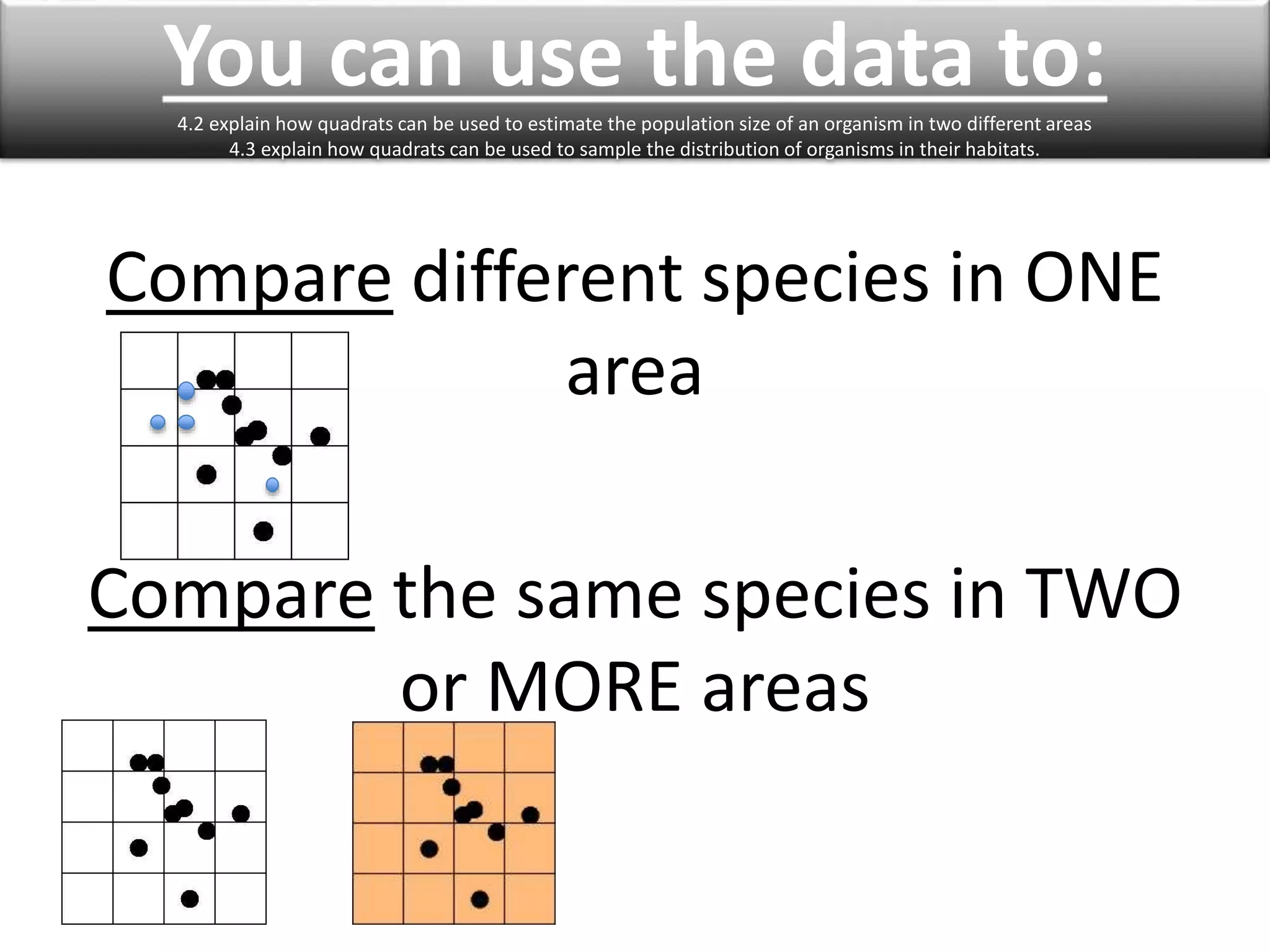 You can use the data to: 
4.2 explain how quadrats can be used to estimate the population size of an organism in two different areas 
4.3 explain how quadrats can be used to sample the distribution of organisms in their habitats. 
Compare different species in ONE 
area 
Compare the same species in TWO 
or MORE areas 
 