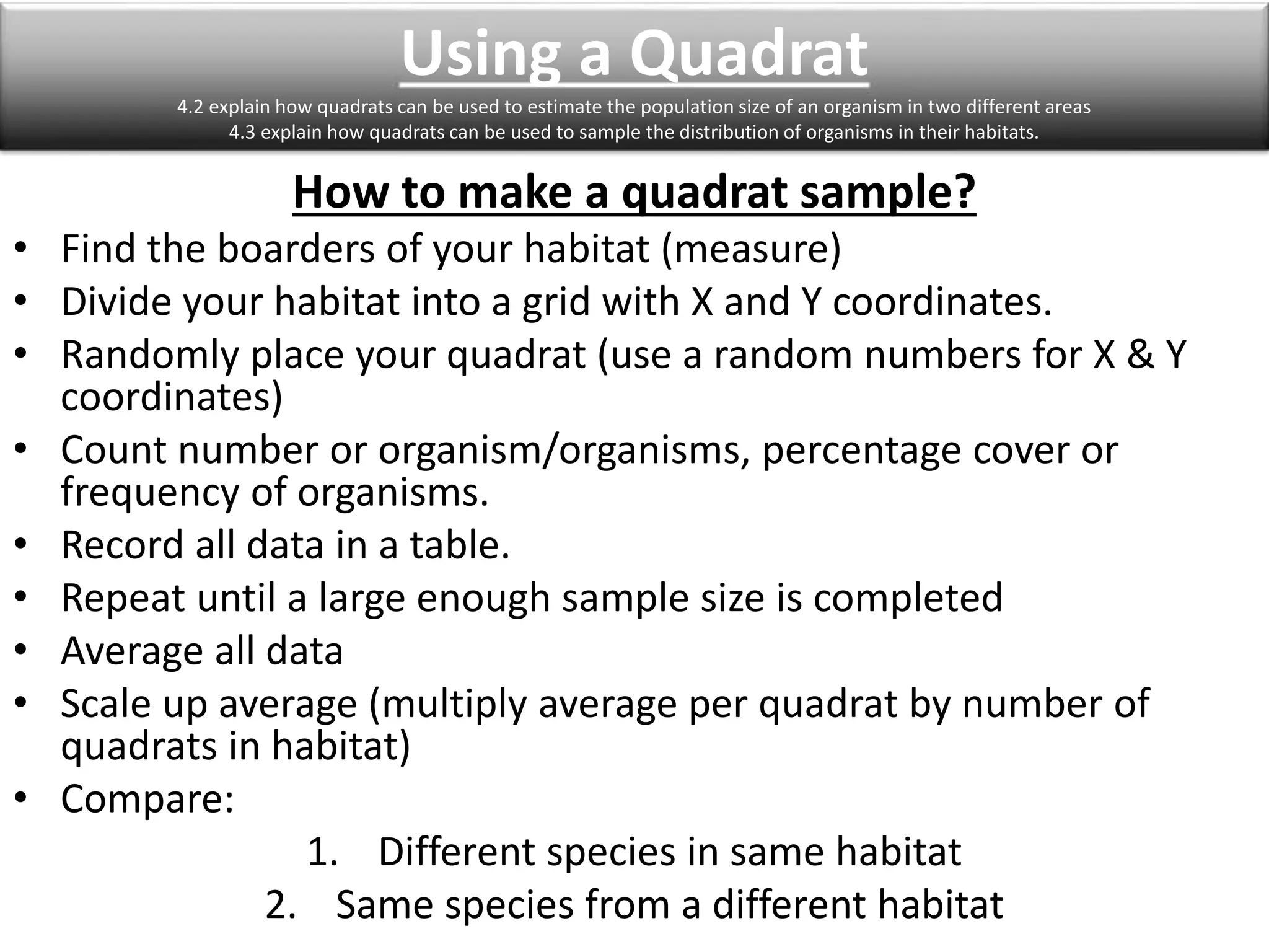 Using a Quadrat 
4.2 explain how quadrats can be used to estimate the population size of an organism in two different areas 
4.3 explain how quadrats can be used to sample the distribution of organisms in their habitats. 
How to make a quadrat sample? 
• Find the boarders of your habitat (measure) 
• Divide your habitat into a grid with X and Y coordinates. 
• Randomly place your quadrat (use a random numbers for X & Y 
coordinates) 
• Count number or organism/organisms, percentage cover or 
frequency of organisms. 
• Record all data in a table. 
• Repeat until a large enough sample size is completed 
• Average all data 
• Scale up average (multiply average per quadrat by number of 
quadrats in habitat) 
• Compare: 
1. Different species in same habitat 
2. Same species from a different habitat 
 