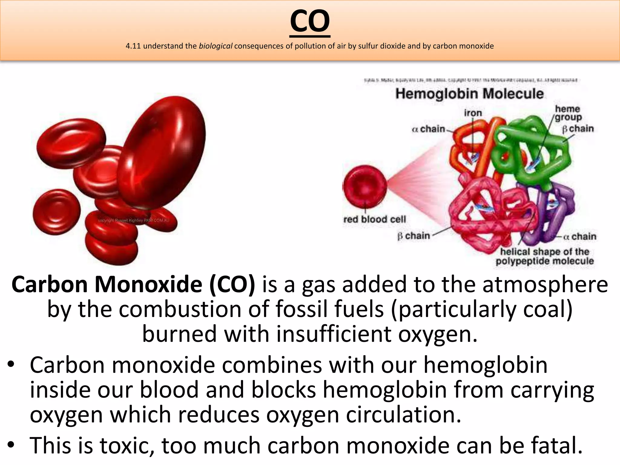 CO 
4.11 understand the biological consequences of pollution of air by sulfur dioxide and by carbon monoxide 
Carbon Monoxide (CO) is a gas added to the atmosphere 
by the combustion of fossil fuels (particularly coal) 
burned with insufficient oxygen. 
• Carbon monoxide combines with our hemoglobin 
inside our blood and blocks hemoglobin from carrying 
oxygen which reduces oxygen circulation. 
• This is toxic, too much carbon monoxide can be fatal. 
 